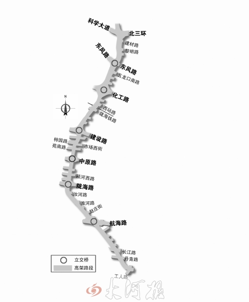 截至目前，僅剩西三環(huán)跨長(zhǎng)江路、丹青路高架橋金水河處一座箱梁尚未澆筑。