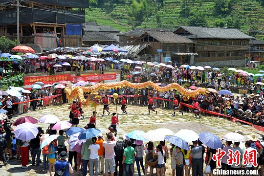 圖為當(dāng)?shù)丶t瑤民眾舞起長(zhǎng)龍祈求風(fēng)調(diào)雨順。中新社發(fā) 韋吉陽(yáng) 攝