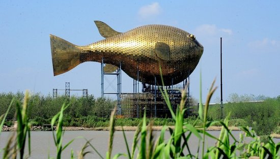 昨天，揚中市西沙島，正在施工的河豚塔金光閃閃