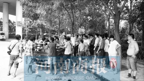 北環(huán)南陽路立交橋下，瓜農(nóng)小秦被打后，附近瓜農(nóng)紛紛圍了上來