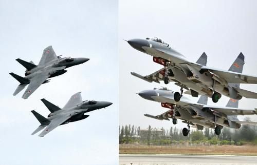29日，中國空軍查證了進入東海防空識別區(qū)的美日軍機，左圖為進入防空識別區(qū)的日本F-15戰(zhàn)機(資料圖)，右圖為當天起飛的中國殲-11飛機(資料圖)。