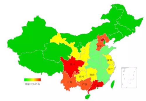 端午期間省域擁堵情況。來(lái)源：交通部聯(lián)合其他機(jī)構(gòu)發(fā)布的《2018年端午全國(guó)公路網(wǎng)出行預(yù)測(cè)報(bào)告》。