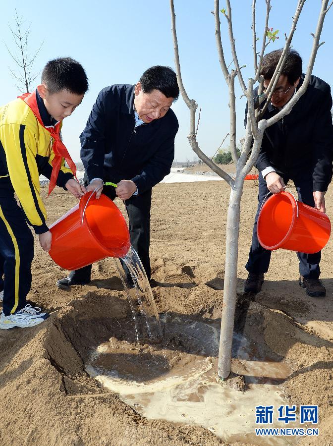 這是習近平同大家一起給剛栽下的樹苗澆水。