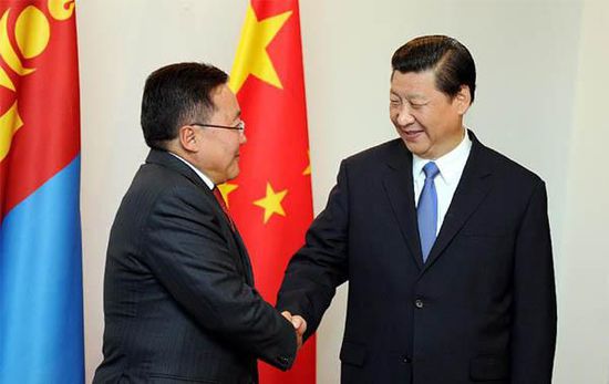 去年9月12日，國家主席習近平在比什凱克會見蒙古國總統額勒貝格道爾吉。 新華社記者謝環馳攝