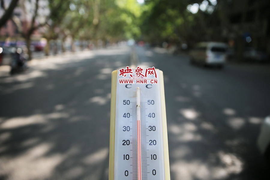 7月8日下午15時30分，人民路樹陰處溫度為36度，比人防納涼處高11度。