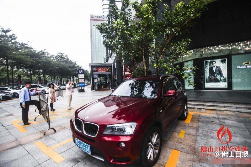 一輛停在停車位上的寶馬轎車，被墜落的樹枝砸中，樹枝徑直插入車內，現場引發不少市民圍觀拍照。