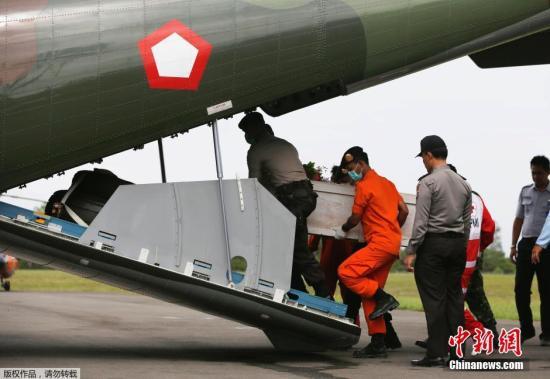 資料圖：當地時間2015年1月19日，印尼龐卡蘭布翁，依斯干達空軍基地，救援隊成員正將裝有亞航失事飛機遇難者尸體的棺材抬上一架CN2950運輸機。